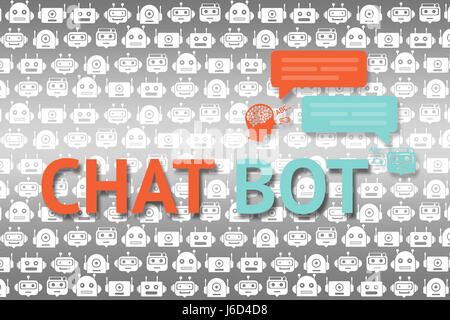 Chat-Bot, Robo überall und zukünftige marketing-Konzept. Chatbot Infografik und Text mit Robotern Grafik Aluminium Hintergrund. Stockfoto