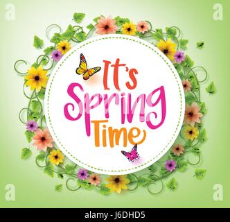 Frühling in einem weißen Kreis mit Kranz aus bunten Blumen, Reben und Blättern mit fliegenden Schmetterlinge im grünen Hintergrund. Vektor-Illustration. Stock Vektor