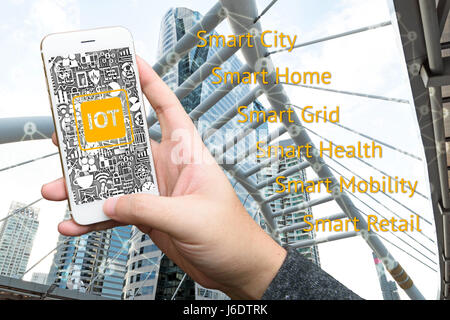 Internet der Dinge-Konzept. Mann Hand mit Smartphone und Iot Text mit Hintergrund erstellen Stockfoto