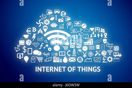 Internet der Dinge (IOT) und digital Lifestyle-Konzept. Weißer Text, Wifi und das Symbol Funktionen mit blauem Hintergrund Stockfoto