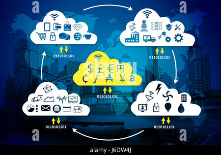 Cyber-physische Systeme (CPS) Konzept Bild, verschiedene Daten-Upload in die cloud und analytischen Daten herunterladen zur realen Welt, Cloud Computing, Internet Stockfoto