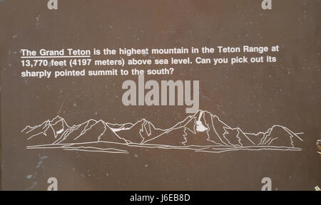 Mittagessen Tree Hill Hinweisschild mit Teton Range Diagramm Mount Moran, Grand Teton, mit Höhe des Grand Teton und Anerkennung Frage, Wyoming, USA Stockfoto