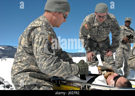 Mitglieder der Colorado Army National Guard Schnee Response Team laden Sie ein Patient in eine M973A1 kleine Einheit Begleitfahrzeug, aka SUSV, während einer Übung auf Taylor Park Reservoir in der Nähe von Gunnison, Colorado, 15. März 2010. SRT ist ein relativ unbekanntes gut zur Unterstützung von staatlichen und lokalen Notfallteams während Schneestürmen und andere Katastrophen. (US Army National Guard Foto von Spc. Joseph K. VonNida, Colorado National Guard) Stockfoto