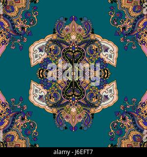 Nahtlose abstrakte geometrische Paisleymuster mit stilisierten Lotusblüten. Traditionelle orientalische ethnischen Ornament auf Türkis Hintergrund. Textil-Design. Stock Vektor