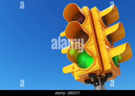 Ampel mit grüner Farbe auf blauem Himmelshintergrund. 3D illustration Stockfoto