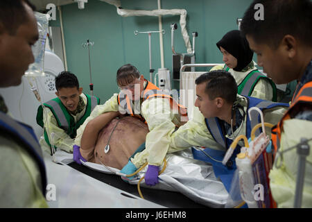 160814-N-CV785-125 KUANTAN, Malaysia (14. August 2016) Royal Australian Air Force Reserven Krankenpflege Offizier, Squadron Leader Lynette Howell (Mitte), weist Teammitglieder während eines Pazifischen Partnerschaft 2016 Such- und Trainings. Während der Übung zusammengearbeitet Pacific Partnership und der malaysischen Streitkräfte Personal reagieren auf einen simulierten maritime Notruf aus einem Taifun. Die Veranstaltung Schloss Pacific Partnership Mission Stop in Kuantan, Malaysia. Barmherzigkeit ist auf dem Weg zu seiner letzten Mission Stop in Padang, Indonesien.  Bei der Ankunft funktioniert Partnernationen Side-by-Side-Witz Stockfoto