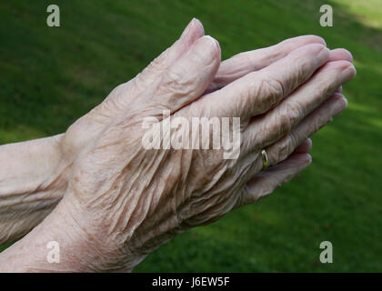 Hand Hand Oma beten Orgel Alter Falten ältere alte Finger weibliche Haut zu beten Stockfoto