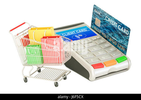 -Shopping-Konzept. POS-Terminal mit Kreditkarte und shopping Cart mit Einkaufstüten, 3D rendering Stockfoto