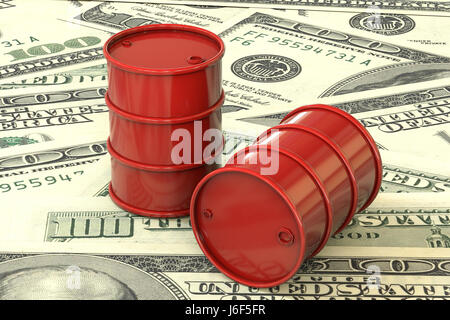 3D Illustration: Red Barrel Öl auf den Hintergrund des Dollar Geld liegen. Geschäft, schwarzes gold, Benzin Erdölproduktion. Kauf Verkauf, Lager. Stockfoto