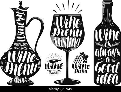 Wein, Weingut-Beschriftung-Set. Dekanter, trinken, Glas, Flasche Symbol oder Logo. Handgeschriebene Schrift-Vektor-illustration Stock Vektor