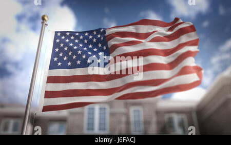 Amerika USA Flagge 3D Rendering auf Blue-Sky-Gebäude-Hintergrund Stockfoto