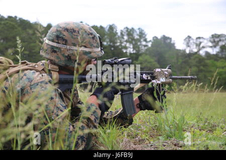Ein Marine mit 2. Bataillon, 8. Marine-Regiment, 2. Marine-Division, führt ein Feuerwehrteam-Training in Camp Lejeune, North Carolina, durch und übt Taktiken für Tag- und Nachtkampfoperationen. Stockfoto