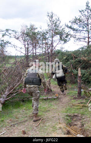 Yavoriv GÜZ Trainer beobachtet und betreut einen ukrainischen Soldaten aus dem 1. Airmobile Bataillon, 79. Air Assault Brigade während er eine paar Bewegung Training Lane bei Yavoriv CTC International Peacekeeping und Security Center in der Nähe von Yavoriv, Ukraine, am 15. Mai navigiert.    Yavoriv CTC-Personal zusammen mit Mentoren aus der US-Armee 45. Infantry Brigade Combat Team, führte Paare Bewegungstraining für Soldaten von der 1-79. während der Rotation des Bataillons durch Yavoriv CTC. 45. wird in die Ukraine als Teil der gemeinsamen multinationalen Training Group-Ukraine bereitgestellt, Stockfoto