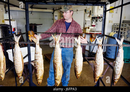 Marquette Michigan Upper Peninsula AUF Lake Superior, Thill's Fish House, Räucherei, geräuchert, frisch, Meeresfrüchte, hängen, Rack, Erwachsene Erwachsene Erwachsene Mann Männer männlich, Arbeiter, w Stockfoto