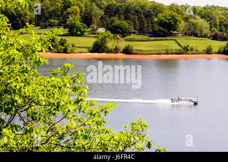 Tennessee Blountville, Boone Lake, Tennessee Valley Authority, TVA, Ponton-Boot, Wassersport, Erholung, Vegetation, Bäume, Ufer, TN080505004 Stockfoto
