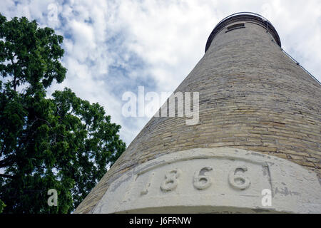 Wisconsin Kenosha County, Kenosha, Simmons Island, Southport Light Station, historischer Leuchtturm, erbaut 1866, Wendeltreppe, außen, vorne, Eingang Stockfoto