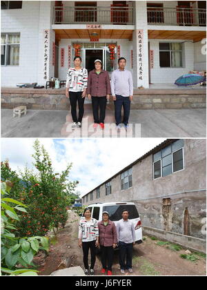 (170521)--YUNLONG, 21. Mai 2017 (Xinhua)--Combo Foto am 18. Mai 2017 zeigt Yang Zijun mit seiner Frau Yang Bingping und Mutter in ihrem Haus (oben) und in der Nähe ihrer Schweinezucht (unten) am Longzitang Dorf Yunlong County, Südwesten der chinesischen Provinz Yunnan. Der Yang-Familie, Aufzucht von mehr als 300 Schweinen jetzt, habe ein Nettoeinkommen von knapp 180.000 Yuan (26.200 US-Dollar) im Jahr 2016. Lokale Regierung gegründet zur Verbesserung der Lebensbedingungen und Einkommen für die Armen Dorfbewohner, vor allem der Bai Volksgruppe lebt von der Landwirtschaft in den Bergen, Schweine, die Erhöhung der Genossenschaft im Jahr 2013 unter der Unterstützung der Länder Stockfoto