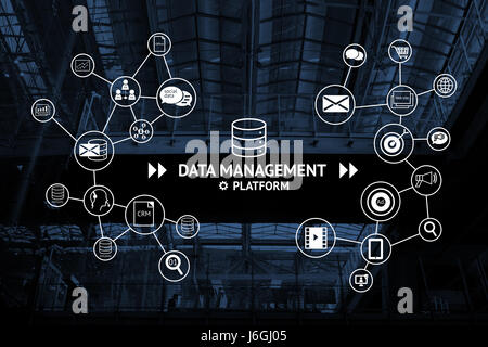 Data Management Plattform (DMP) Konzept. Infografik, Texte und Symbole auf blaue abstrakte Gebäude Hintergrund. Marketing und CRM-Konzept Stockfoto