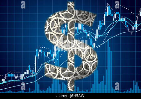 3D Illustration, Fintech finanzielle Internet Technologie Anlagekonzept, Datenanalyse im Forex Markt Handel. Dollarzeichen mit Getriebe und Lager Stockfoto