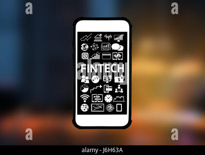 FinTech Anlagekonzept finanzielle Internet Technologie. Symbol, Smartphone mit abstrakten Hintergrund Stockfoto
