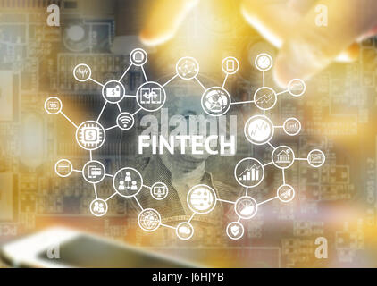 FinTech Anlagekonzept finanzielle Internet Technologie. Symbol, Smartphone, US-Dollar-Note, verschwommen Finger mit abstrakten elektronischen Schaltung backgr Stockfoto