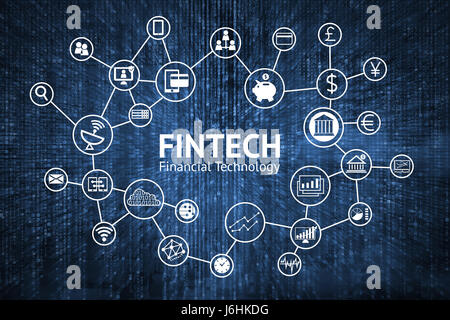 FinTech Internet-Konzept. Text und Investitionen Finanztechnologie Symbole mit blauen Matrix codiert Hintergrund Stockfoto