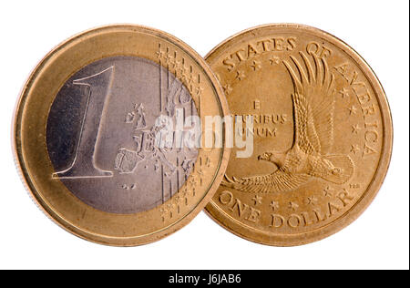 Einzel- und isolierten Münzen von Dollar und Euro-Währungen Stockfoto