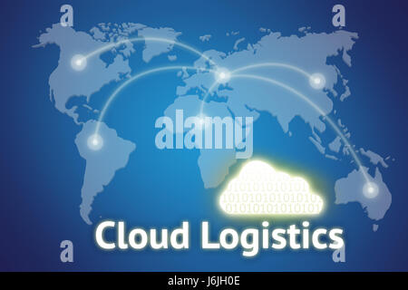 Cloud-Logistikkonzept, Transport Integrationskonzept, Text, Binär codierte Symbol und Welt Karte Verbindung mit blauem Hintergrund Stockfoto