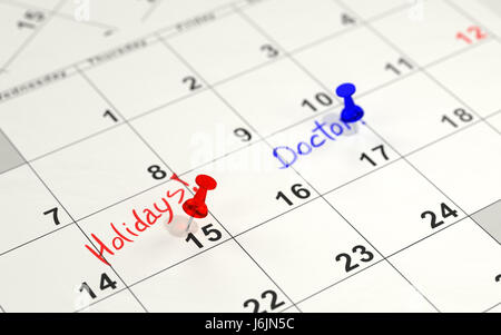 Rote und blaue Stifte markieren wichtige Tage in einem Kalender. 3D-Rendering. Stockfoto