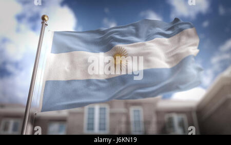 Argentinien Flagge 3D Rendering auf Blue-Sky-Gebäude-Hintergrund Stockfoto