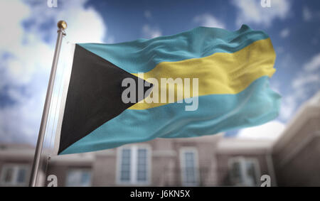 Bahamas Flagge 3D Rendering auf Blue-Sky-Gebäude-Hintergrund Stockfoto