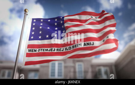 Bikini Atoll Flagge 3D Rendering auf Blue-Sky-Gebäude-Hintergrund Stockfoto