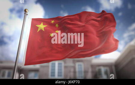 China Fahne 3D-Rendering auf Blue-Sky-Gebäude-Hintergrund Stockfoto