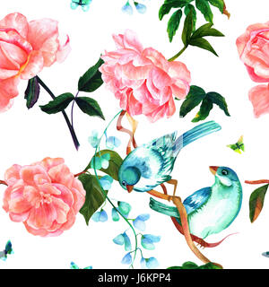 Nahtloses Muster mit Aquarell Zeichnungen von lebendigen Teal blue Vögel, blüht rosa Rosen, Kamelien, und Pfingstrosen und Schmetterlinge, Hand aufgemalt wh Stockfoto