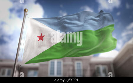 Dschibuti Flagge 3D Rendering auf Blue-Sky-Gebäude-Hintergrund Stockfoto