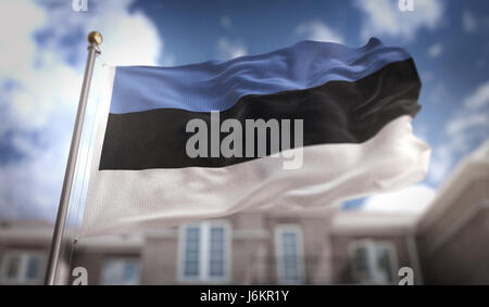 Estland Flagge 3D Rendering auf Blue-Sky-Gebäude-Hintergrund Stockfoto