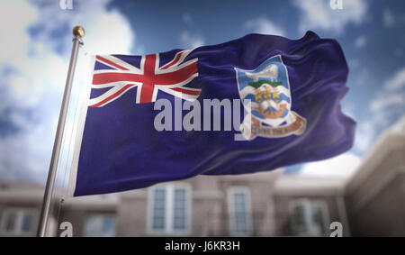 Falkland-Inseln Flagge 3D Rendering auf Blue-Sky-Gebäude-Hintergrund Stockfoto