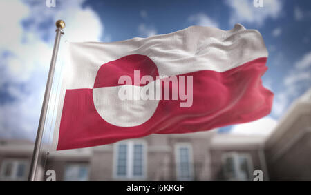 Grönland Flagge 3D Rendering auf Blue-Sky-Gebäude-Hintergrund Stockfoto