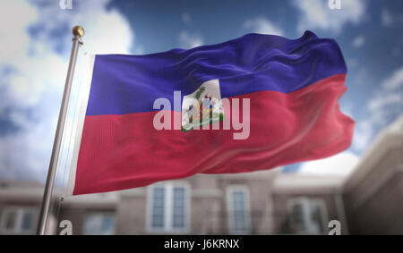 Haiti Flagge 3D Rendering auf Blue-Sky-Gebäude-Hintergrund Stockfoto