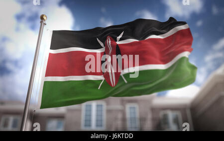 Kenia-Flagge 3D-Rendering auf Blue-Sky-Gebäude-Hintergrund Stockfoto