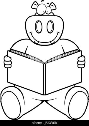 Ein Cartoon-Nilpferd, ein Buch lesen und Lächeln auf den Lippen. Stock Vektor