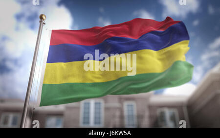 Mauritius Flagge 3D Rendering auf Blue-Sky-Gebäude-Hintergrund Stockfoto