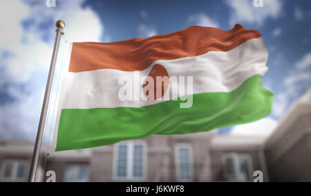 Niger Flagge 3D Rendering auf Blue-Sky-Gebäude-Hintergrund Stockfoto