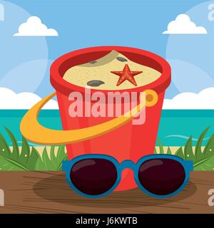 Sommerferien - Sonnenbrille, Eimer, Schaufel Sand an einem sonnigen Tag Stock Vektor