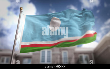 Republik Sacha Flagge 3D Rendering auf Blue-Sky-Gebäude-Hintergrund Stockfoto