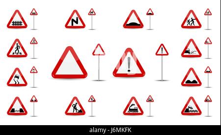 Satz von Zeichen Warnung. Im roten Dreieck ist eine skizzenhafte verschiedene Arten von Sonderzeichen für Autofahrer. Vektor-Illustration. Stock Vektor