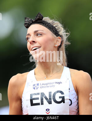 Alex Bell feiert nach dem Sieg der 800 Meter Frauen Match während der Loughborough internationale Leichtathletik-Veranstaltung im Paula Radcliffe Stadium. PRESSEVERBAND Foto. Bild Datum: Sonntag, 21. Mai 2017. Bildnachweis sollte lauten: Tim Goode/PA Wire Stockfoto