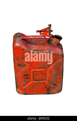 Alte rostige Benzinkanister mit geöffnetem Deckel und ein Trichter isoliert  auf weißem Hintergrund Stockfotografie - Alamy