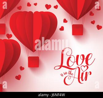 Liebe ist rotes Herz Form Ballons fliegen im Hintergrund in der Luft Typografie für Valentinstag Vektor mit Papier geschnitten. Vektor-Illustration. Stock Vektor