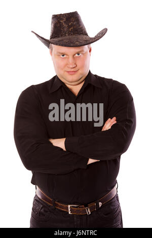 Mann mit Hut Cowboy isoliert auf weiss Stockfoto